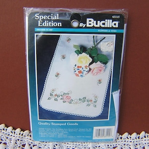 embroidered dresser scarf kit Stamped Embroidery Dresser Table Scarf Runner Kit Bells Flowers Colort  At  Grandma's Table