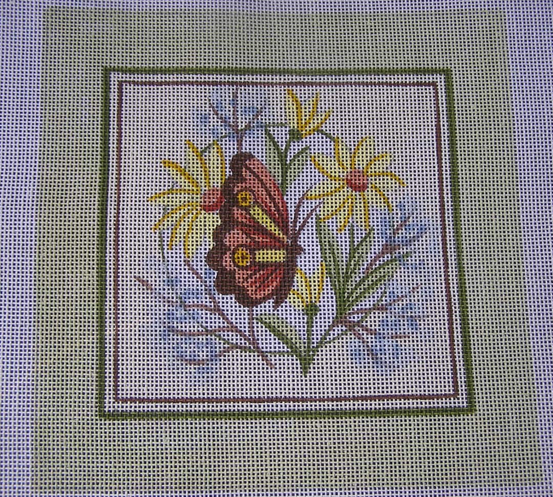 Vintage Needlework Canvas, Butterfly & Flowers, Alexa Needlepoint