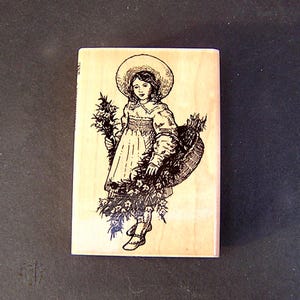 Vintage Garden Girl Wood Mounted Rubber Stamp 1989 Unused