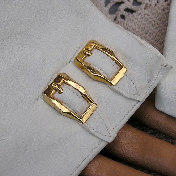 Soft White Leather Gloves with Decorative Gold Bu… - image 4