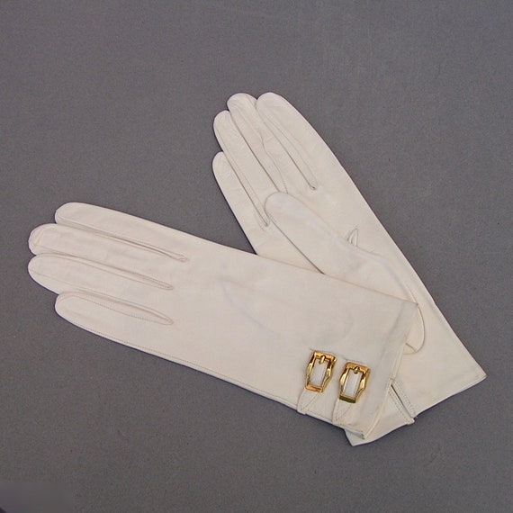 Soft White Leather Gloves with Decorative Gold Bu… - image 5