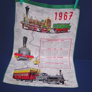 Vintage 60s Kreier Wall Calendar Towel, 1967 Birthday Year Gift, Vintage Trains / Steam Engines