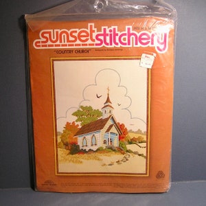 Vintage Country Church Sunset Stitchery Kit . fits 14&quot; x 18&quot; frame . Crewel Embroidery . 1980