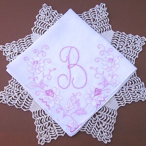 Bride&#39;s Wedding Hanky . Monogram B . Vintage Handkerchief . Floral . Pink Embroidery.  Applique