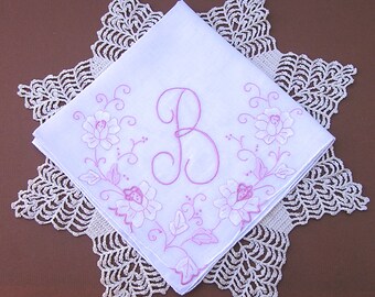 Bride's Wedding Hanky . Monogram B . Vintage Handkerchief . Floral . Pink Embroidery.  Applique