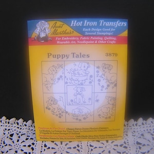 Vintage PUPPY TALES Tea Towel Motifs, Aunt Martha&#39;s Hot Iron Transfers