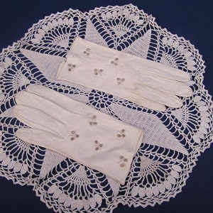 Vintage Soft Leather Gloves . beaded flower details