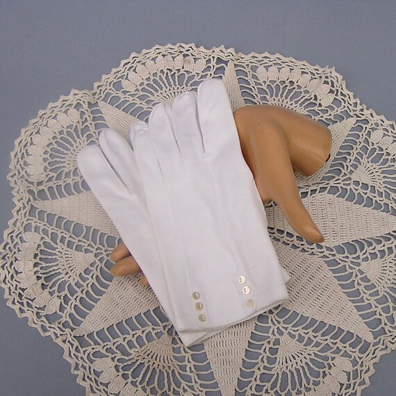 Vintage White Cotton Gloves with Button Detail Gem