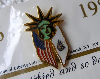 Vintage 1986 Massachusetts State Flag Statue of Liberty Lapel Pin, Centennial Celebration 1886-1986, USA, State Flag