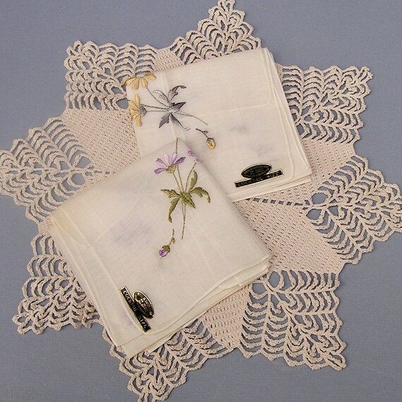 Pair of Pretty Swiss Floral Embroidered Hankies . 