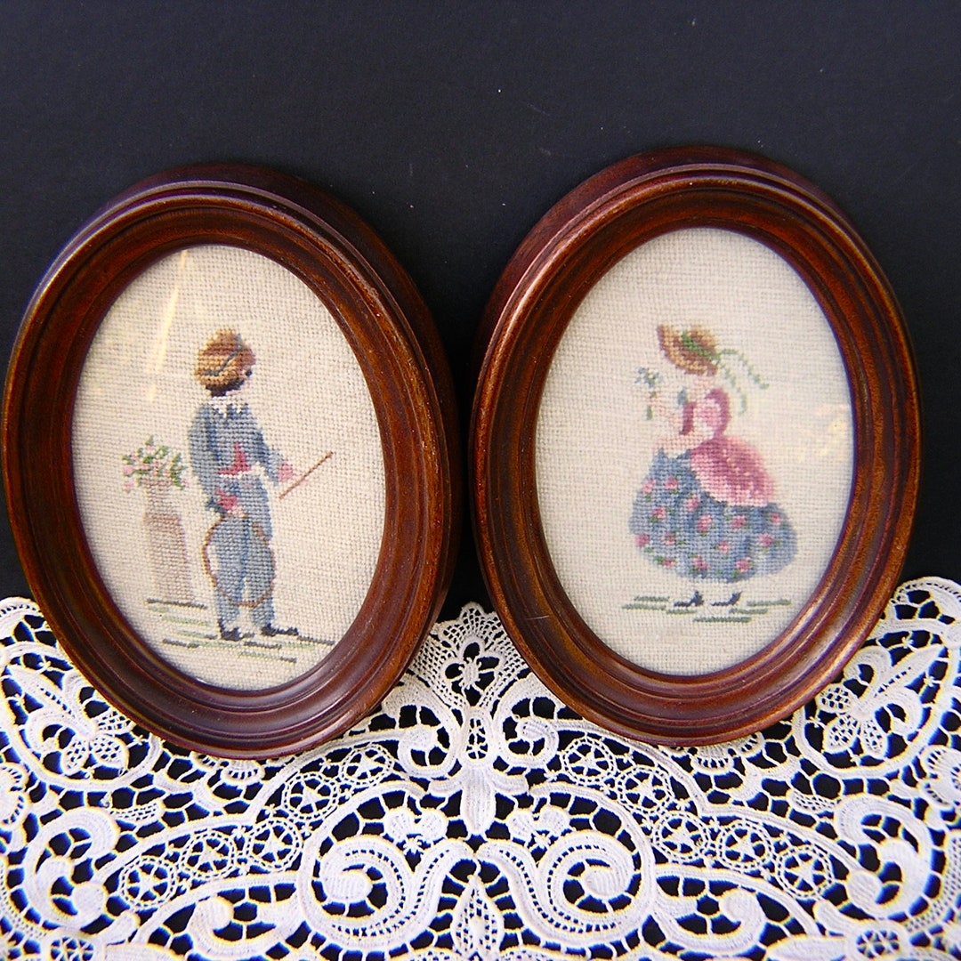 Vintage Colonial Couple Framed Needlepoints in Oval Frames - Etsy