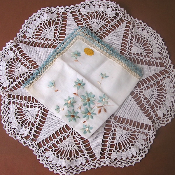 Vintage Hanky . Blue Embroidered Flowers & Tatted Border . Bride's Something Blue Wedding Handkerchief . unused w/ original sticker (b)