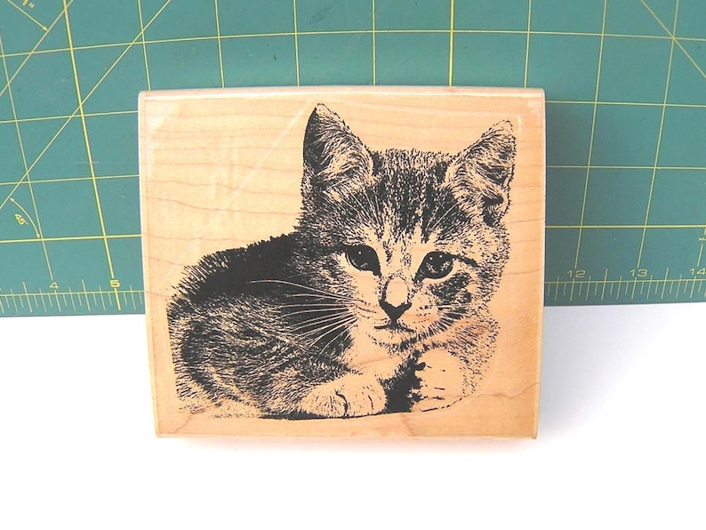 Vintage 1980s Large Kitty Cat Wood Mounted Rubber Stamp image 1