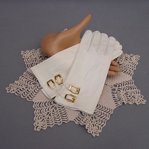 Soft White Leather Gloves with Decorative Gold Bu… - image 1