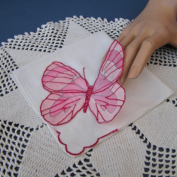 Vintage Hanky . Butterfly Hanky . Pink Butterfly