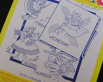 Days of the Week art, Dutch Girl Tea Towel , Aunt Martha's Hot Iron Transfers