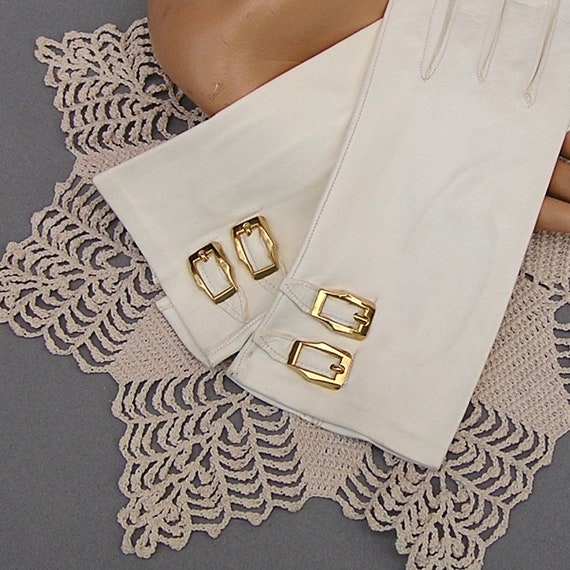 Soft White Leather Gloves with Decorative Gold Bu… - image 3