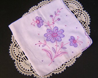 Vintage Lavender Flowers Handkerchief, Embroidery & Applique, Gift For Mom