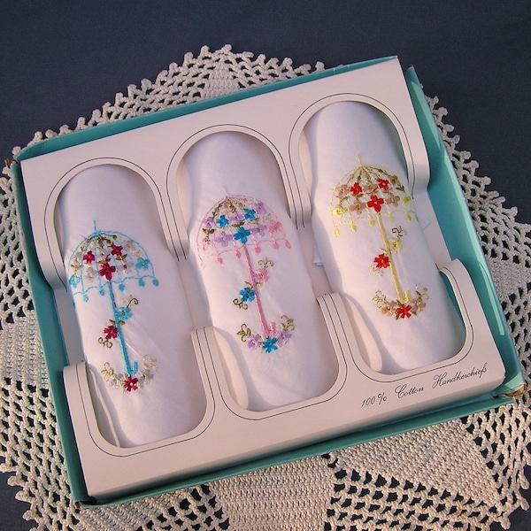 Vintage 3 Hanky Set  . Embroidery Parasols . Bridal Shower Gift