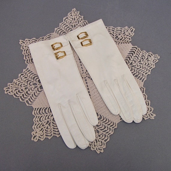 Soft White Leather Gloves with Decorative Gold Bu… - image 2