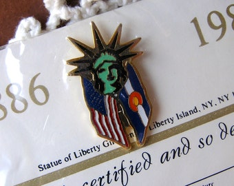 Vintage 1986 Colorado State Flag, Statue of Liberty Lapel Pin, Centennial Celebration 1886-1986, American Flag, USA, State Flag