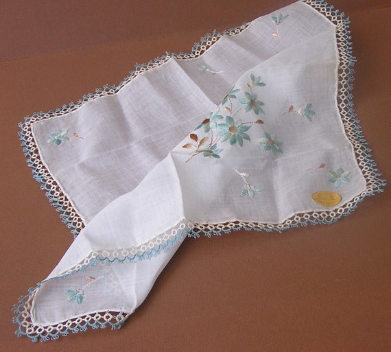 Vintage Hanky . Blue Embroidered Flowers & Tatted… - image 2