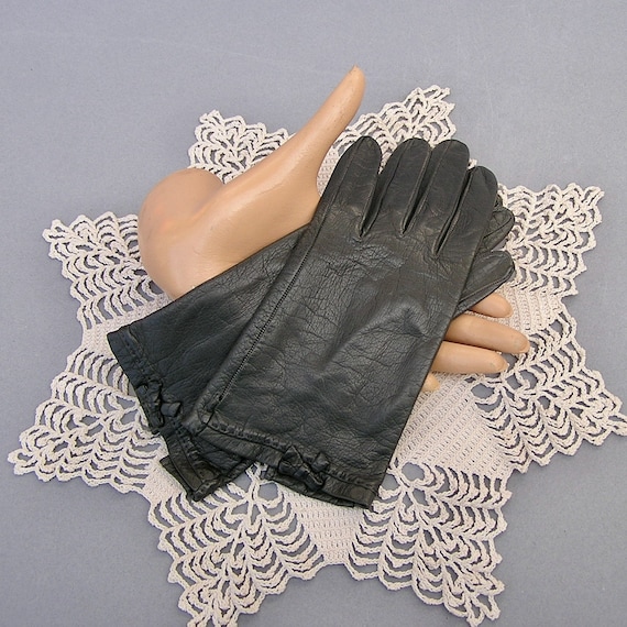 Vintage Black French Leather Gloves with Bow Deta… - image 1