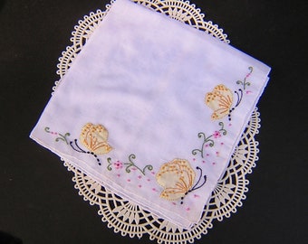 Vintage Butterfly and Flowers Handkerchief, Embroidery & Applique, Gift For Mom