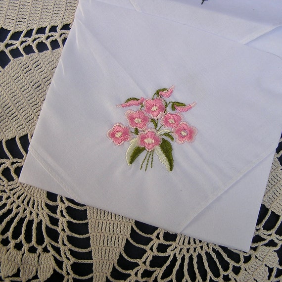 Vintage Floral Embroidey Hanky Pair . Pink Flower… - image 2