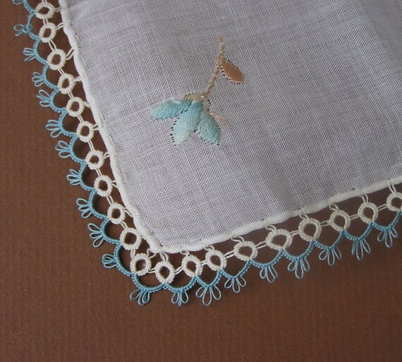 Vintage Hanky . Blue Embroidered Flowers & Tatted… - image 3