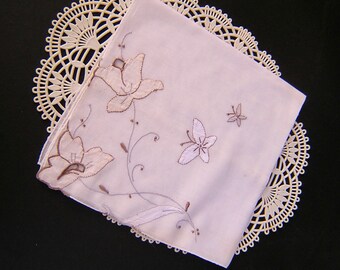 Vintage Butterflies & Flowers Handkerchief, Embroidery, Applique, Gift For Mom