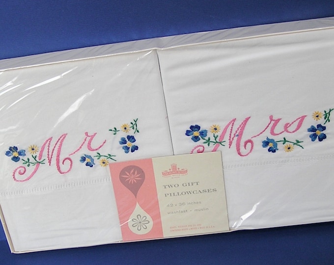 Vintage Mr & Mrs Pillowcases Gift Boxed Embroidered Monogrammed Floral Pillowcases for the Bride and Groom