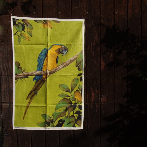 Vintage Parrot Tea Towel . Pure Irish Linen Dish Towel . Kitchen Towel . Tropical Bird