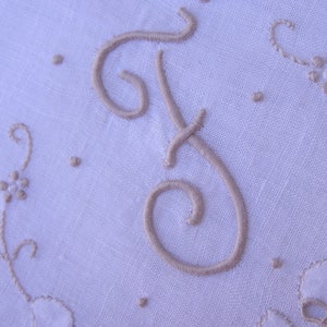 Monogram &quot; F &quot; Hanky . Taupe Embroidery . Applique . Bride&#39;s Hanky . Vintage Ladies Handkerchief