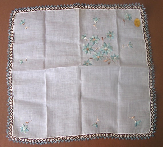 Vintage Hanky . Blue Embroidered Flowers & Tatted… - image 4