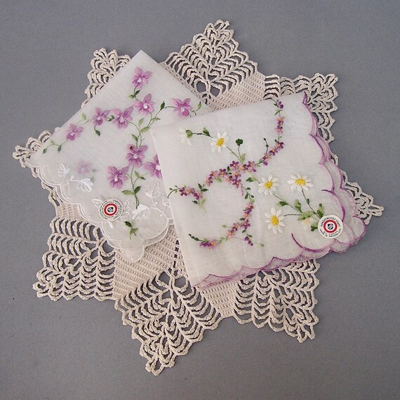 Pair of Pretty Swiss Floral Embroidered Hankies .… - image 1