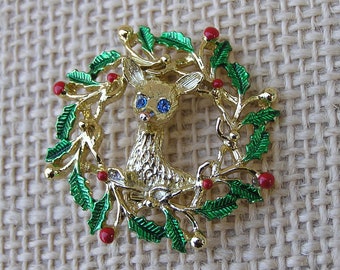 Deer & Wreath Brooch Vintage Christmas Pin by Gerry's