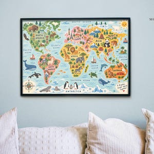 Kids World Map Poster, Educational Geography Print, Animal Map Canvas, Montessori Classroom Wall Art, Nursery Decor, Kids Gift