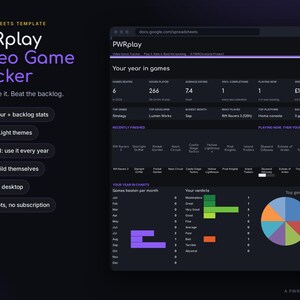 Puede incluir: Una plantilla de Google Sheets titulada PWRplay Video Game Tracker con una interfaz oscura. Muestra estadísticas de juegos, incluyendo horas jugadas, valoraciones y gastos en libras. El panel presenta gráficos, listas de juegos y géneros.