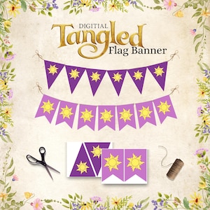 May include: A digital flag banner set featuring purple triangular and rectangular pennants with yellow sun emblems. The text reads Digital Tangled Flag Banner. Includes a pair of black scissors and a spool of brown twine for assembly purposes.