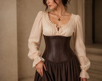 Women’s Brown Leather Corset Waist Belt Renaissance Medieval Gothic Adjustable Lace Up