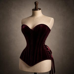 May include: A deep burgundy velvet corset featuring a sweetheart neckline, vertical boning channels, and side lacing with matching satin ribbons. The garment is displayed on a beige mannequin, showcasing a structured, fitted silhouette.