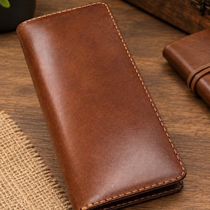 Handmade Genuine Leather Long Wallet for Men, Brown Bifold, Gift for Him