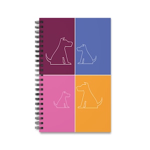 May include: A spiral-bound notebook featuring a four-quadrant cover design. Each quadrant displays a white line-art silhouette of a dog against a solid background color: deep purple, blue, pink, and orange, creating a vibrant, multi-colored grid.