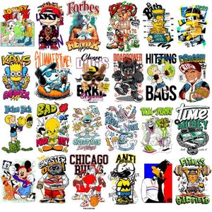 Puede incluir: Una colección de veinticuatro pegatinas gráficas coloridas que presentan varios personajes de dibujos animados con atuendos urbanos, incluyendo figuras como Bart Simpson, Snoopy, Piolín, Mickey Mouse y Garfield, con superposiciones de texto.