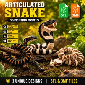 May include: Three articulated snake 3D printing models featuring distinct patterns: a black and orange speckled snake, a black and white cobra with an open mouth, and a brown and white patterned snake, all provided as STL and 3MF digital files.