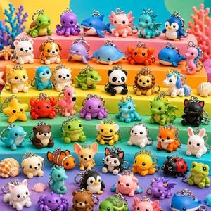 May include: A collection of colourful animal-shaped keychains featuring various creatures including a turtle, octopus, shark, axolotl, dragon, penguin, bear, dog, dolphin, stingray, crab, seahorse, cat, panda, lion, unicorn, starfish, flamingo, and bee.