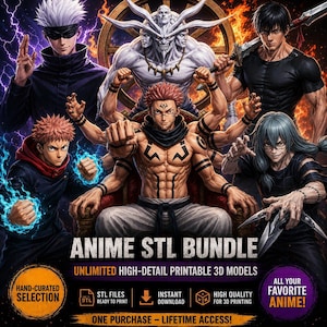 Op de afbeelding: Een digitale poster met anime-personages, waaronder een figuur met vier armen op een troon, met de tekst ANIME STL BUNDLE, UNLIMITED HIGH-DETAIL PRINTABLE 3D MODELS, HAND-CURATED SELECTION en ALL YOUR FAVORITE ANIME! met STL-bestandsiconen.
