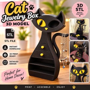 Puede incluir: Un modelo 3D de joyero con forma de gato negro con ojos y nariz amarillos, que incluye dos cajones pequeños con pomos amarillos y estantes abiertos. La cola del gato sirve como gancho para colgar collares. El texto incluye Cat Jewelry Box, 3D Model, STL.