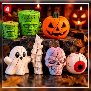 Könnte beinhalten: Eine Sammlung von sechs Halloween-Figuren, darunter zwei grüne Frankenstein-Köpfe, ein orangefarbener Kürbis, ein weißes Gespenst, eine weiße Skeletthand, ein blasser Totenkopf und ein weißer Augapfel mit roter Iris, alle mit segmentierten Linien.